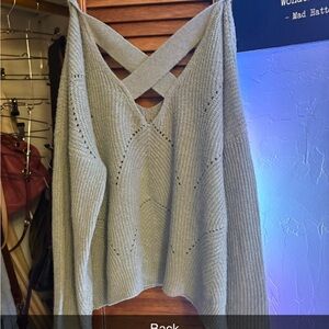 Buckle V-Neck Sweater with Crisscross Back - Light Gray